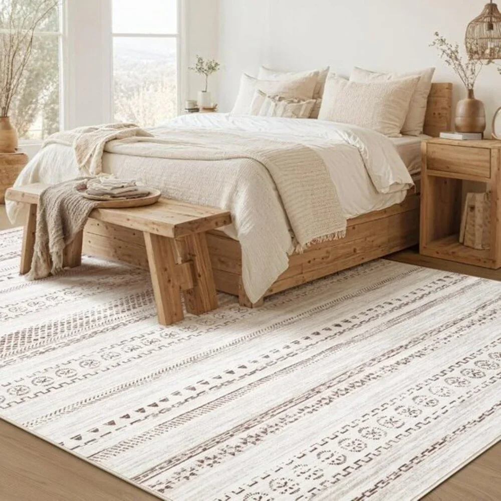 New 5x7 Washable Boho Area Rug – Neutral Farmhouse Style Living Room Rug